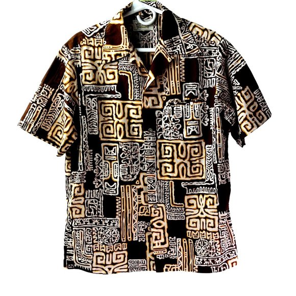 Vintage Malihini Hawaii Men's Hawaiian Shirt Tiki Aloha Pattern Brown Gold - Picture 1 of 7